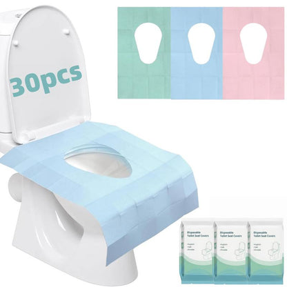 Disposable Toilet Seat Protector (30 Pcs, 24x25 in) - PE Material, Elongated, All Seasons, Hygienic Barrier, Waterproof, Foldable, Portable, Adhesive Tabs, Non-Slip, 1-Step Use, Soft Thick Layer, for Public Toilets, Potty Training