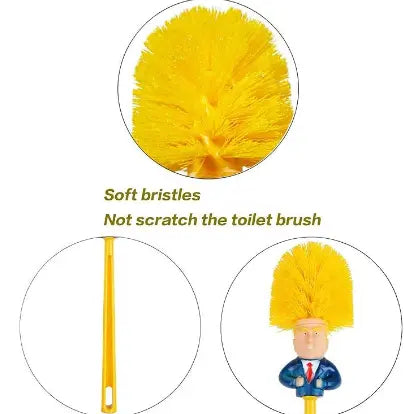 Funny Donald Brush Creative Toilet Brush with Strong Nylon Bristles - 360-degree Cleaning & Quick Drainage - Fun Design for Bathroom - Yellow Bristles  -Trump Toilet Brush