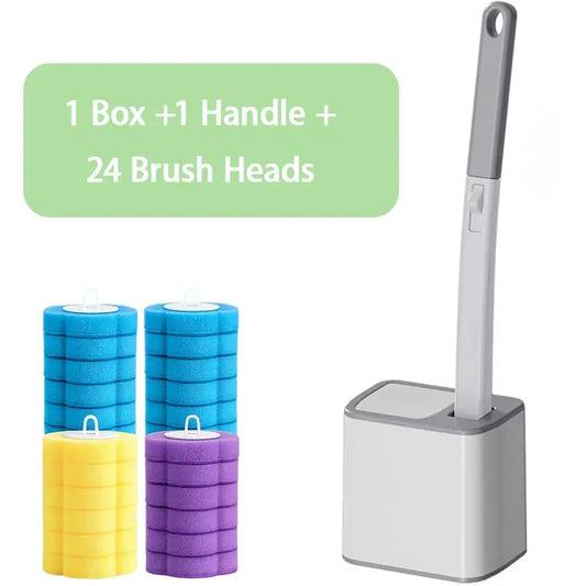Disposable Toilet Brush Wall-Mount Space-Saving, Universal Fit Caddy Set with 24 Replaceable Heads for Hygienic Household Bathroom Urinal Basin Sink Bathtub Drain Cleaning Wand