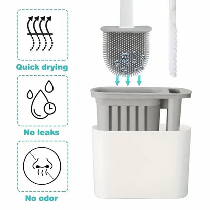 1set 2 Toilet Brushes & 1 Holder, Wall Mounted Toilet Brush And Holder Set For Bathroom, Flexible Toilet Bowl Brush Head With Silicone Bristles, Bathroom Accessories Soft Bristle