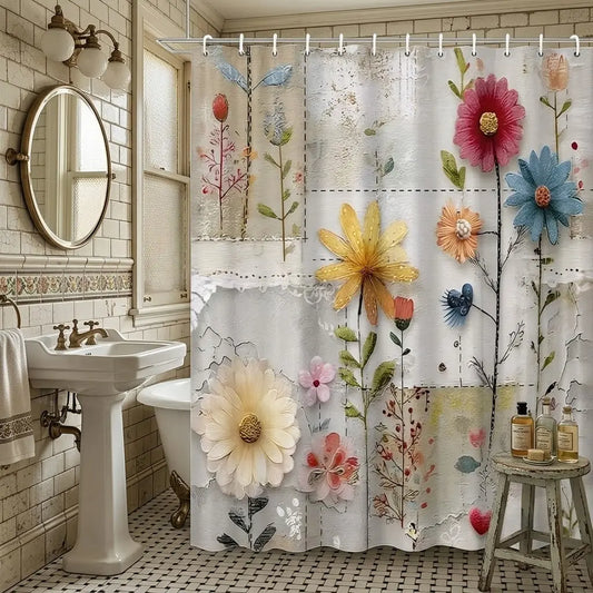 1pcs Vintage patchwork wildflower shower curtain, worn cream background with colorful daisy heart prints, shabby chic botanical style shower curtain, create a stylish bathroom