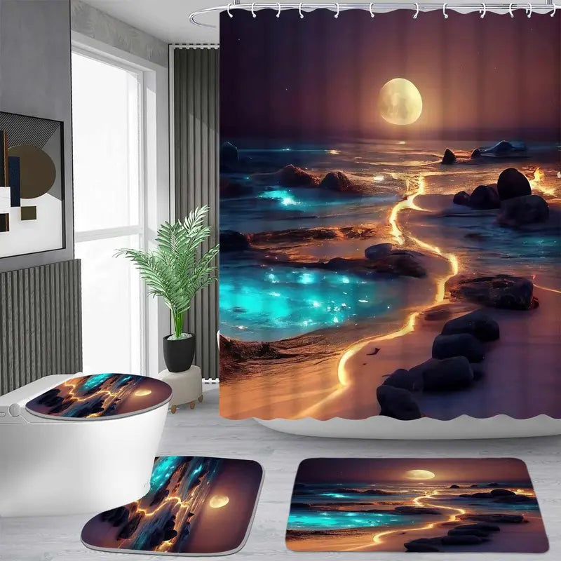 Dreamy Moonlight Fluorescent Coast Artwork Shower Curtain Set with 12 Hooks - Waterproof, Non-Slip Bathroom Carpet, Toilet U-Shaped Cushion, Toilet Seat Cover Cushion - Bathroom Decor, Decoration, Calming Look & Feel, Ideal Moving Gift