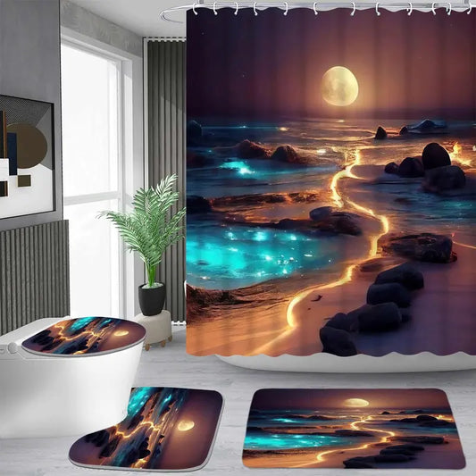 Dreamy Moonlight Fluorescent Coast Artwork Shower Curtain Set with 12 Hooks - Waterproof, Non-Slip Bathroom Carpet, Toilet U-Shaped Cushion, Toilet Seat Cover Cushion - Bathroom Decor, Decoration, Calming Look & Feel, Ideal Moving Gift