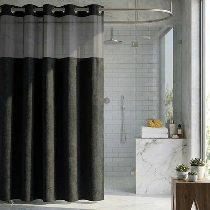 72"x75" Black Straight Waffle Weave Hookless Snap Double Layer Hotel Shower Curtain Set with Snap-in Fabric Liner, Sheer Window, Non-Slip, Waterproof, Adjustable, Water Draining for Modern Bathrooms