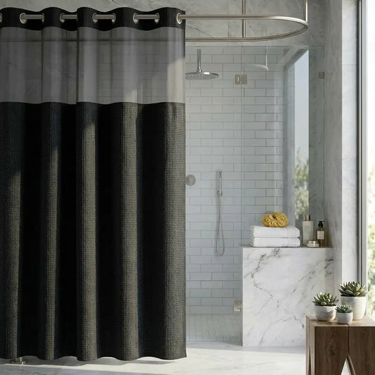 72"x75" Black Straight Waffle Weave Hookless Snap Double Layer Hotel Shower Curtain Set with Snap-in Fabric Liner, Sheer Window, Non-Slip, Waterproof, Adjustable, Water Draining for Modern Bathrooms