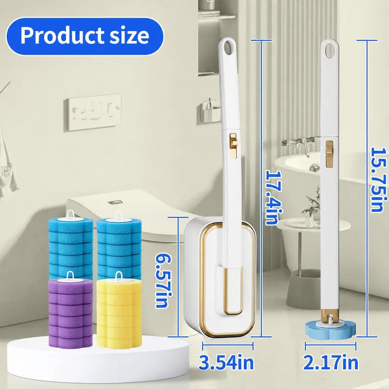 Disposable Toilet Scrubber Wand - Plastic Bathroom Cleaning Tool, Disposable Toilet Cleaning System with Flower-Shaped Sponge Heads, Built-In Solution, Long Handle for Hard-To-Reach Areas & Deep Clean