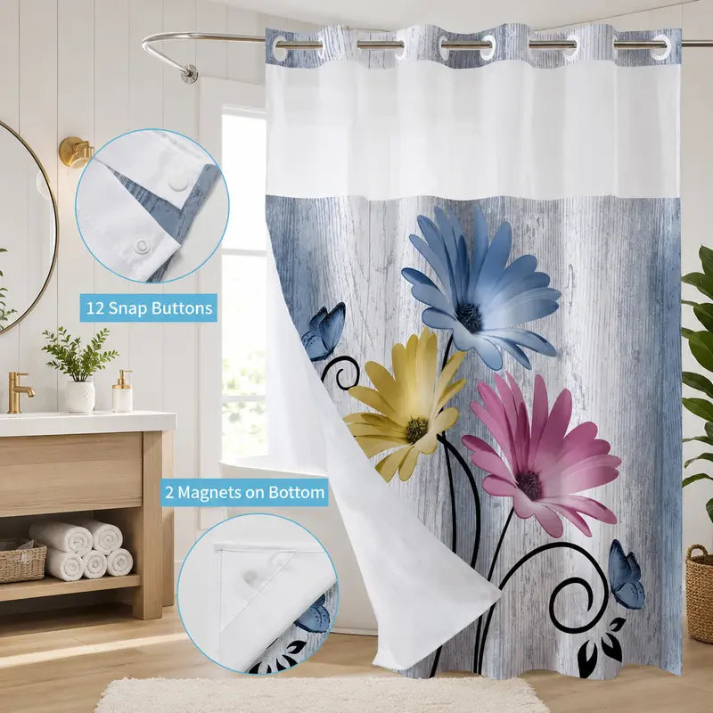 No Hook Double-Lined Hookless Waterproof Fabric Shower Curtain - Decorative Daisy Print Rustic Farmhouse Art Print Bath Accessory, 72x75in Easy-Install Beautiful Bathroom Curtains for Hotel/Dorm Home Decor, No Hook Shower Curtains