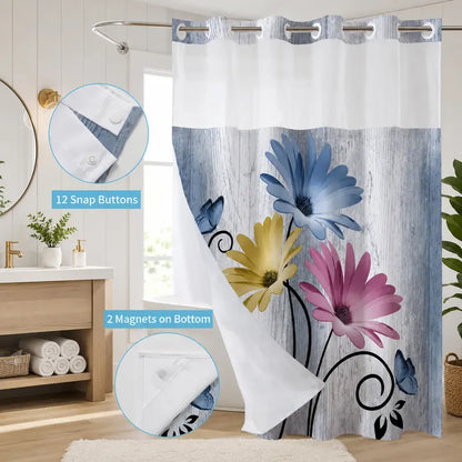 No Hook Double-Lined Hookless Waterproof Fabric Shower Curtain - Decorative Daisy Print Rustic Farmhouse Art Print Bath Accessory, 72x75in Easy-Install Beautiful Bathroom Curtains for Hotel/Dorm Home Decor, No Hook Shower Curtains
