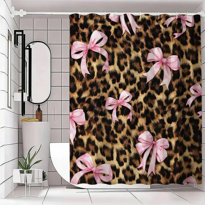 Pink Bow with Leopard Print Playful Bathroom Shower Curtain Sets (1/4 Pcs) - Polyester, Non-Slip Floor Mat, U-Shaped Carpet, Toilet Lid Cover, 12 Shower Curtain Hooks, Cohesive Set for Bathroom Decor, Bows