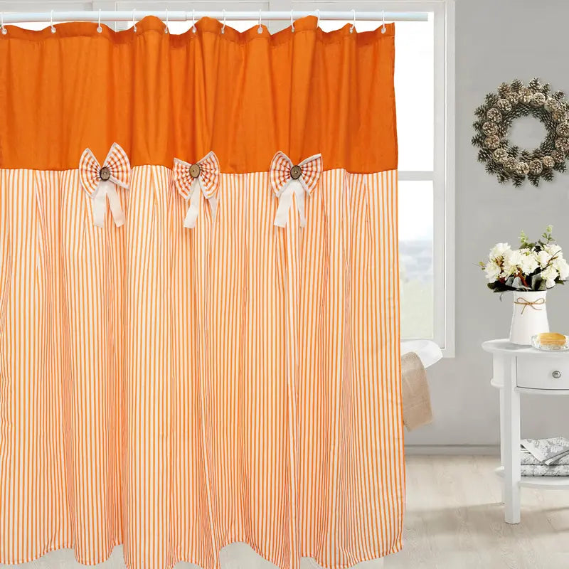 Rustic Farmhouse Shower Curtain - Striped Bottom, Bow Detail, Pattern Design for Cozy Bathroom Decor, Farmhouse Shower Curtains