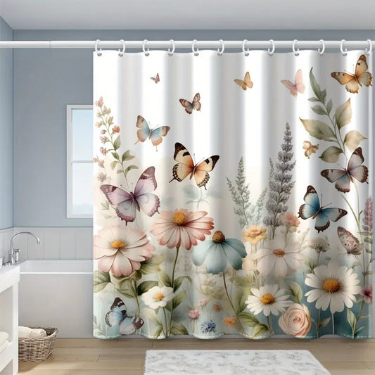 Butterfly Flower Print Shower Curtain - 71x71 inches Polyester Bathroom Decor Decorative Printed Shower Curtain with Hooks, Bathroom Accessory, Playful Bath Partition & Artistic Design for Home, Bathroom Decoration Accessories, Bathroom Supplies