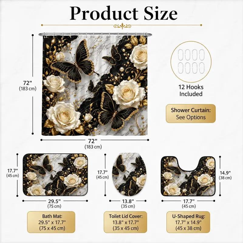 1/4pcs Bathroom Curtains Shower Set, Marble Butterfly Pattern, Luxury Theme Decor, Bath Mat Rug, Includes 12 Hooks, Home Decoration Gift, Bathroom Decoration Accessories