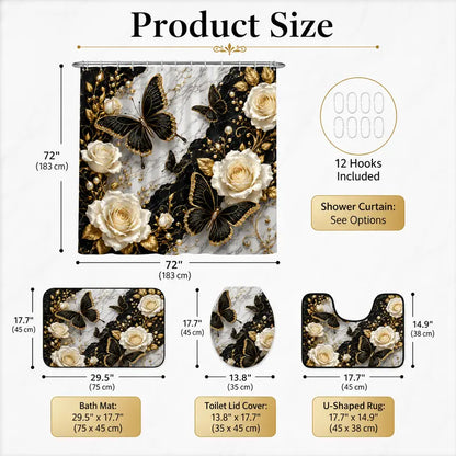 1/4pcs Bathroom Curtains Shower Set, Marble Butterfly Pattern, Luxury Theme Decor, Bath Mat Rug, Includes 12 Hooks, Home Decoration Gift, Bathroom Decoration Accessories