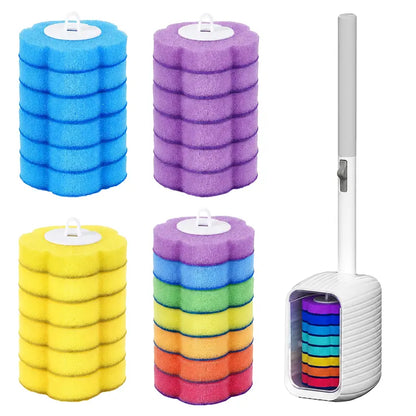 Nifogo Disposable Toilet Scrubber Brush Set, Includes 24 Refills, Triple-Layer Sponge Cleaner Wand, Fragrance Neutralizer, Plastic Wall-Mount Holder, Multi-Surface Tool for Daily Bathrooms Toilet Bowl Cleaning