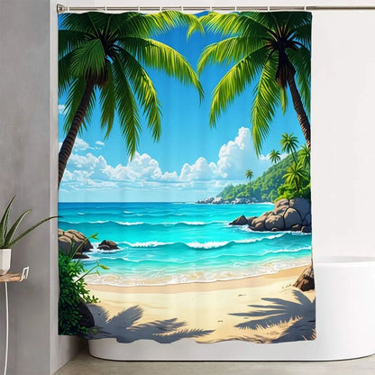 1/4pcs Tropical Beach Shower Curtain Set, Bathroom Shower Curtain Sets, 72x72 Inch Ocean Waves Palm Trees Curtain with Bidet Mat (60x20), Toilet Seat Cover, 2 Bath Rugs (24x16) - Summer Aesthetic Bathroom Decor for Coastal Vibe, Easter Mother’s Day Gift