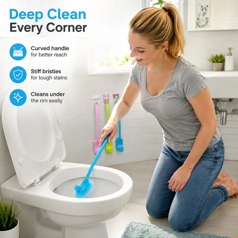 1-Piece Double Sided Deep Cleaning Toilet Brush with Non-Slip Ergonomic Grip Long Curved Handle, Hanging Hole for Bathroom Gap Corner Cleaning, Space-Saving Toilet Brush & Plungers, One-Piece, Long Handle
