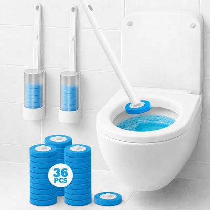 3-in-1 Disposable Plastic Long Handle Toilet Cleaner Brush & Wall Mount Bathroom Organizer Set with Adhesive Tape - 18/36 Refill Heads Starter Kits, 99.9% Germ & Virus Killing, Space-Saving Deep Clean Wand Caddy for Bathroom