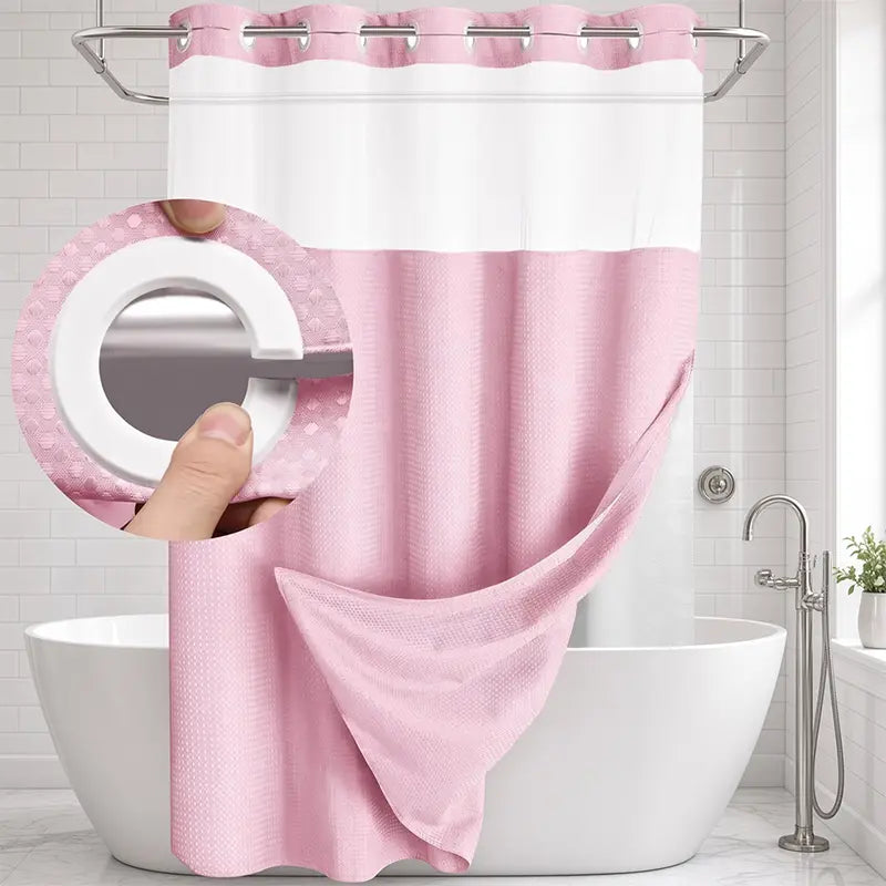 Double-layer waffle-pattern shower curtain — hookless snap-closure lining, waterproof inner layer and washable white outer layer; modern bathroom accessory suitable for home, hotel, salon, dormitory, and home decor; 72 x 75 inches sohochic