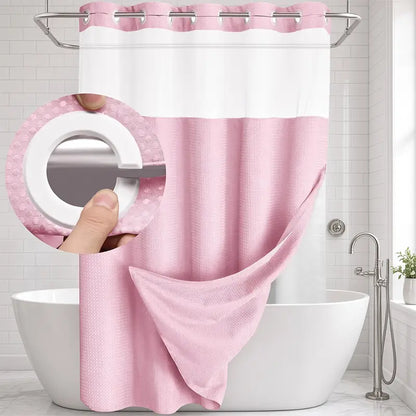 Double-layer waffle-pattern shower curtain — hookless snap-closure lining, waterproof inner layer and washable white outer layer; modern bathroom accessory suitable for home, hotel, salon, dormitory, and home decor; 72 x 75 inches sohochic