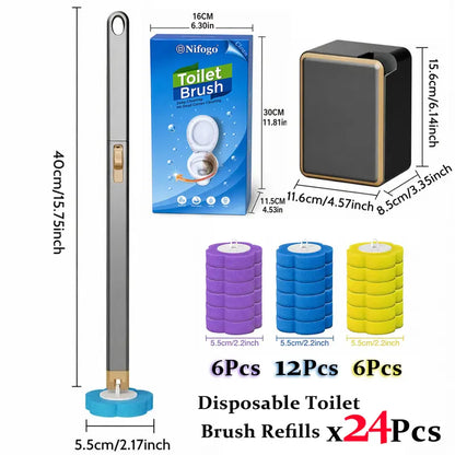 Disposable Toilet Brush Wall-Mount Space-Saving, Universal Fit Caddy Set with 24 Replaceable Heads for Hygienic Household Bathroom Urinal Basin Sink Bathtub Drain Cleaning Wand