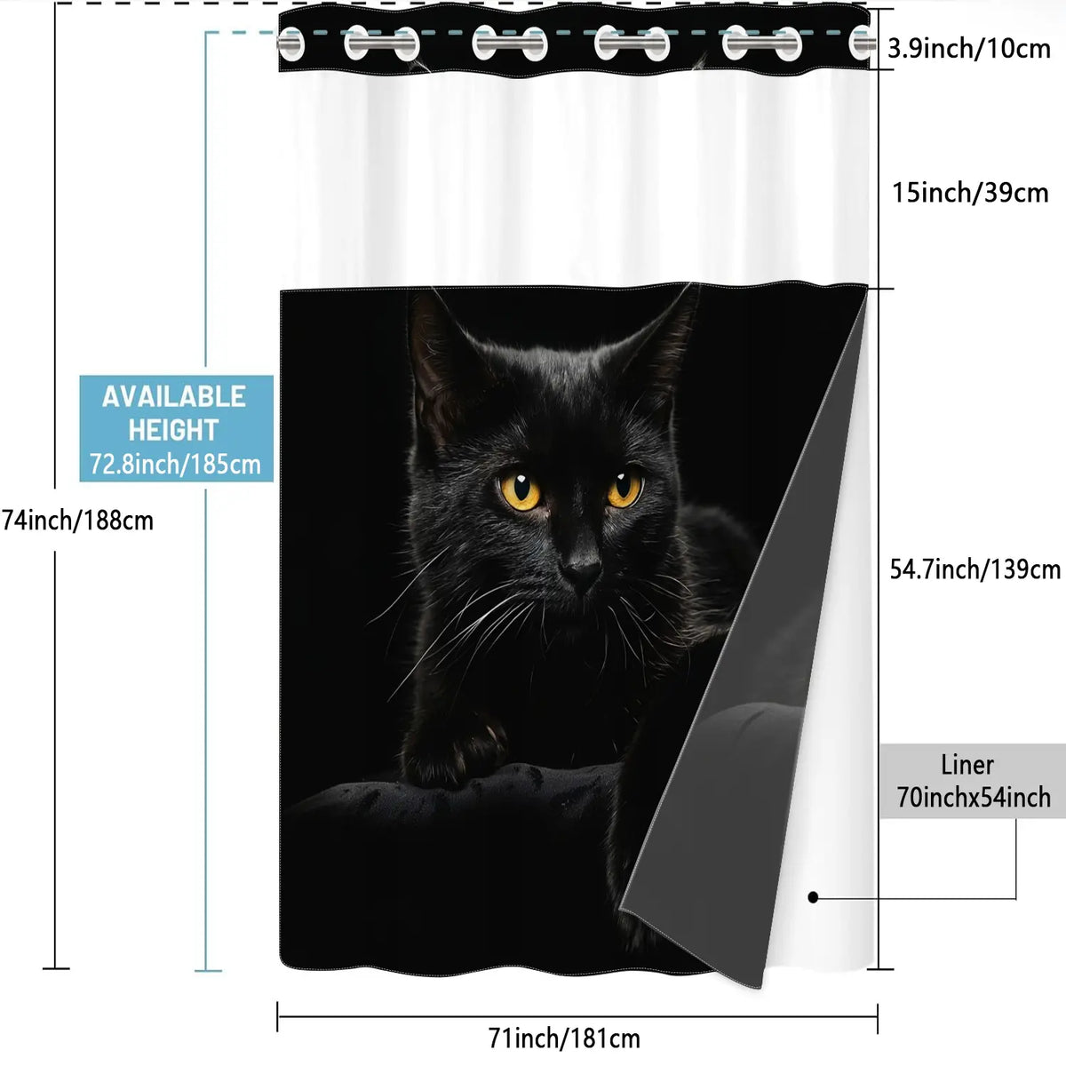 1pc hookless Printed shower curtain with buckle lining, black background with yellow eyes and black cat design, 2D flat printing, fabric waterproof lining, see-through double-layer shower curtain, 71 x 74 inches, modern home draping curtain.