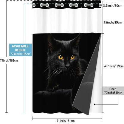 1pc hookless Printed shower curtain with buckle lining, black background with yellow eyes and black cat design, 2D flat printing, fabric waterproof lining, see-through double-layer shower curtain, 71 x 74 inches, modern home draping curtain.
