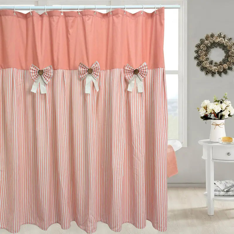 Rustic Farmhouse Shower Curtain - Striped Bottom, Bow Detail, Pattern Design for Cozy Bathroom Decor, Farmhouse Shower Curtains