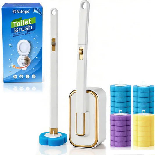 Nifogo Disposable Toilet Scrubber Brush Set, Includes 24 Refills, Triple-Layer Sponge Cleaner Wand, Fragrance Neutralizer, Plastic Wall-Mount Holder, Multi-Surface Tool for Daily Bathrooms Toilet Bowl Cleaning