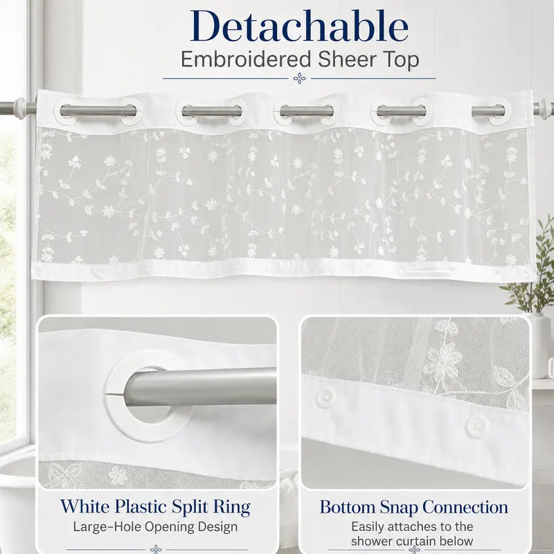 Elegant Hookless Ruffle Shower Curtain，Dual Removable Waterproof Layers with Embroidered Sheer Top, Snap-On Washable Bathroom Curtain 71*74inhch