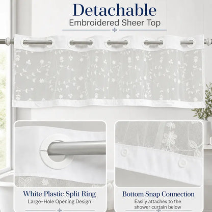 Elegant Hookless Ruffle Shower Curtain，Dual Removable Waterproof Layers with Embroidered Sheer Top, Snap-On Washable Bathroom Curtain 71*74inhch