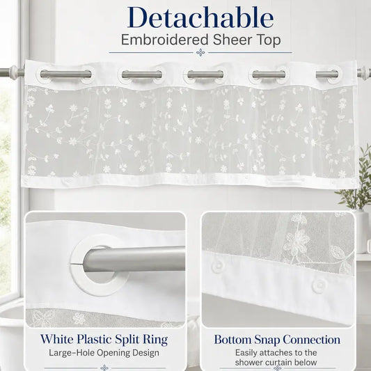 Elegant Hookless Ruffle Shower Curtain，Dual Removable Waterproof Layers with Embroidered Sheer Top, Snap-On Washable Bathroom Curtain 71*74inhch