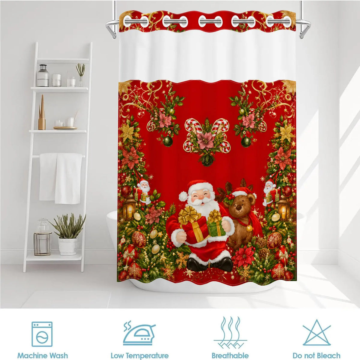 1 Piece No Hook Double Layer Decorative Shower Curtain, Christmas Santa Claus Print Bath Curtain, Waterproof, Mildew Resistant, Durable Fabric, Holiday Home Decor, Removable Liner, Top See-Through Window, Partition Curtain 71"×74"