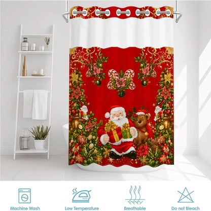 1 Piece No Hook Double Layer Decorative Shower Curtain, Christmas Santa Claus Print Bath Curtain, Waterproof, Mildew Resistant, Durable Fabric, Holiday Home Decor, Removable Liner, Top See-Through Window, Partition Curtain 71"×74"