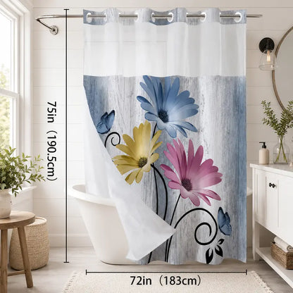 No Hook Double-Lined Hookless Waterproof Fabric Shower Curtain - Decorative Daisy Print Rustic Farmhouse Art Print Bath Accessory, 72x75in Easy-Install Beautiful Bathroom Curtains for Hotel/Dorm Home Decor, No Hook Shower Curtains