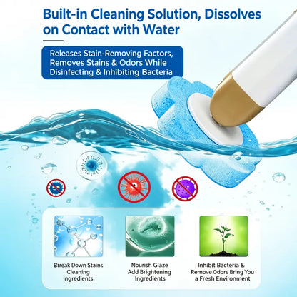 Disposable Toilet Scrubber Wand - Plastic Bathroom Cleaning Tool, Disposable Toilet Cleaning System with Flower-Shaped Sponge Heads, Built-In Solution, Long Handle for Hard-To-Reach Areas & Deep Clean