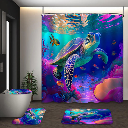 LVRLVR 4Pcs Colorful Underwater Sea Turtle Print Vibrant Ocean Multi-Color Bathroom Decor Decorative Shower Curtain Set 70.8×70.8 Inch