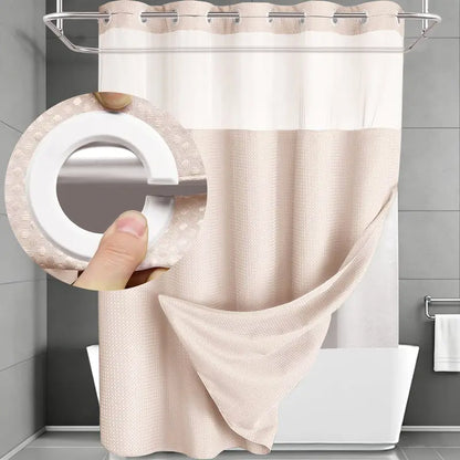 No Hook Waffle Weave Waterproof Shower Curtains for Bathroom, Double-Layer Shower Curtain with Removable Snap-In Liner, Airy Bright Transparent Mesh Top Window, Luxury Bathroom Decor, Modern Washable Home Supply, 72x75in