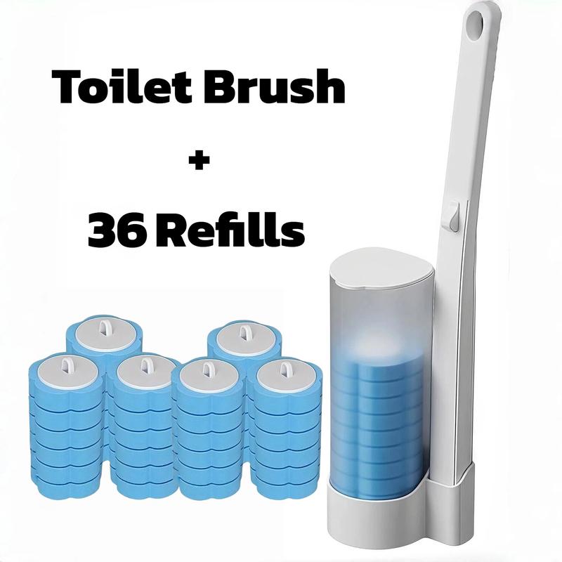 3-in-1 Disposable Plastic Long Handle Toilet Cleaner Brush & Wall Mount Bathroom Organizer Set with Adhesive Tape - 18/36 Refill Heads Starter Kits, 99.9% Germ & Virus Killing, Space-Saving Deep Clean Wand Caddy for Bathroom