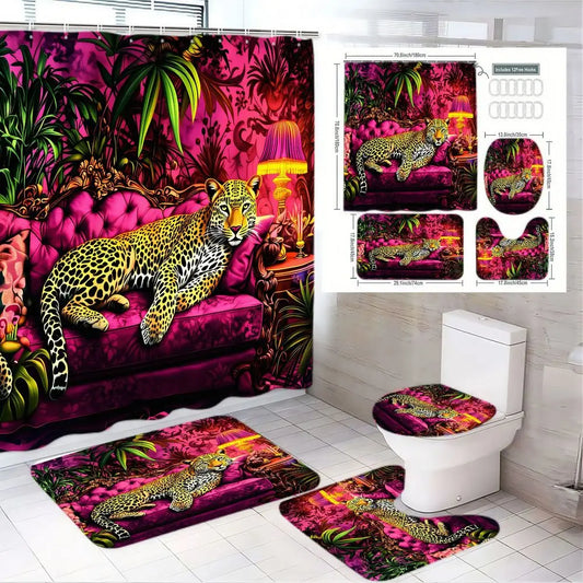 1/4pcs Tropical Leopard Shower Curtain Set - Magenta Pink Jungle Bathroom, Bathroom Decorations, Black Gold Spotted Leopard on Pink Couch with Green Foliage, Matching Toilet Lid Cover & 2 Bath Mats - Bathroom Accessories for Spring Summer Festive Vibes