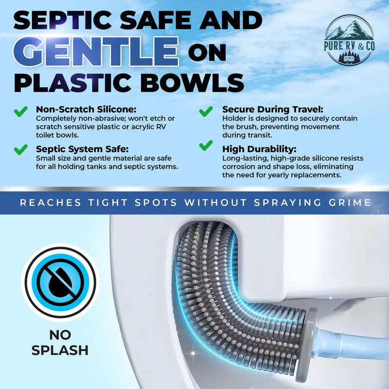 Pure RV Toilet Brush and Holder Set, Compact Silicone Bowl Brush for Camper, Trailer & RV Toilets – Wall Mounted, Flexible Head, Quick-Dry, Septic Safe, RV Bathroom Must-Have (Packaging may vary)