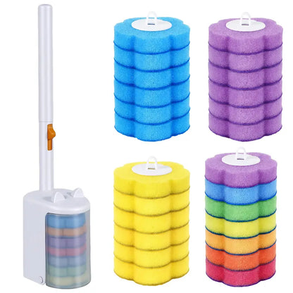 Nifogo Disposable Toilet Scrubber Brush Set, Includes 24 Refills, Triple-Layer Sponge Cleaner Wand, Fragrance Neutralizer, Plastic Wall-Mount Holder, Multi-Surface Tool for Daily Bathrooms Toilet Bowl Cleaning