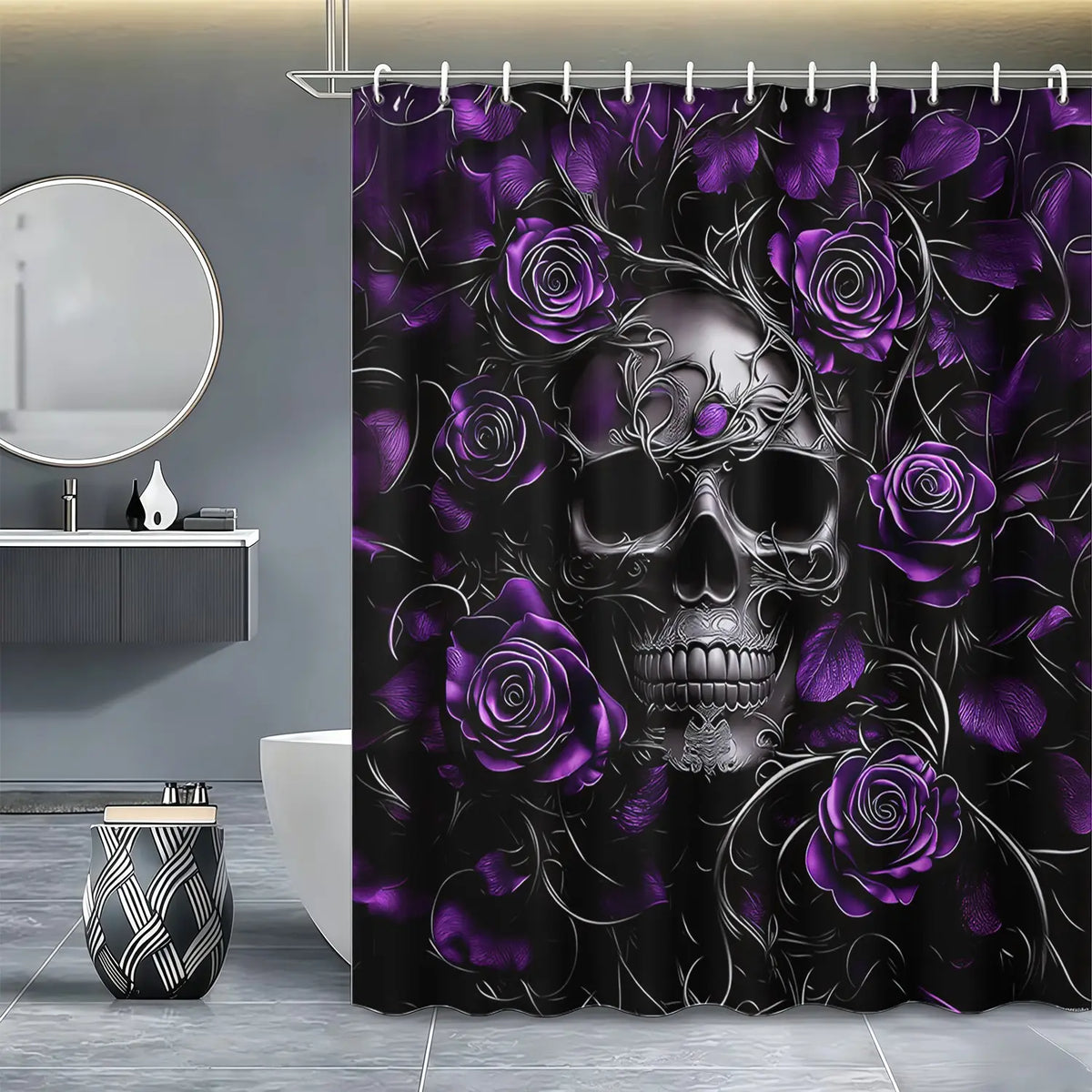1pcs Luxury Dark Gothic Floral Bathroom Shower Curtain, Rose and Skull Pattern, Elegant Spooky Aesthetic Decor, Unique Gift for Gothic Lovers and Witchy Aesthetic Room
