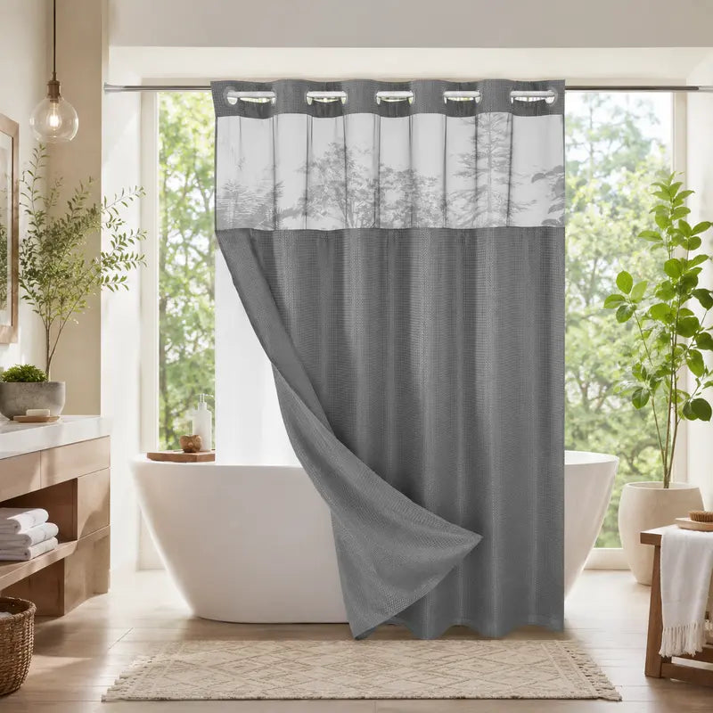No Hook  Waffle Pattern Shower Curtain, 1 Count Modern Simple Bathroom Curtain with Snap in Liner Set, Shower Curtain Liner, Bathroom Decor, Size Adaptability Bathroom Accessories for Hotel Salon Room Home Decor 72*75inch