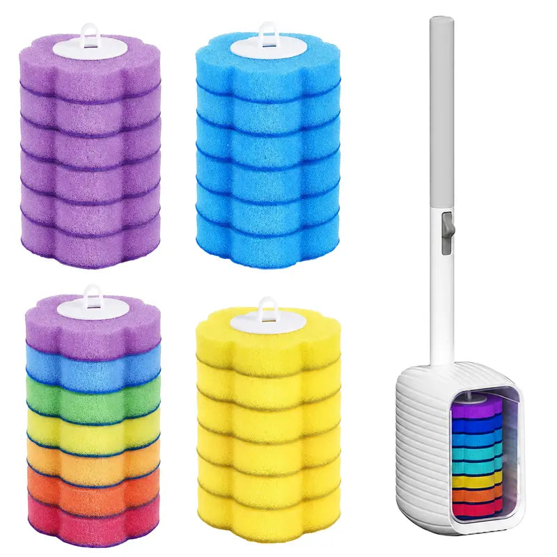 Disposable Toilet Scrubber Wand - Plastic Bathroom Cleaning Tool, Disposable Toilet Cleaning System with Flower-Shaped Sponge Heads, Built-In Solution, Long Handle for Hard-To-Reach Areas & Deep Clean