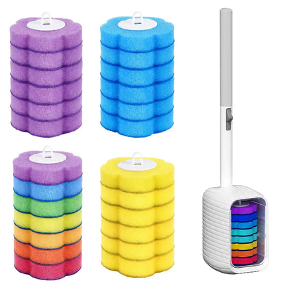 Disposable Toilet Scrubber Wand - Plastic Bathroom Cleaning Tool, Disposable Toilet Cleaning System with Flower-Shaped Sponge Heads, Built-In Solution, Long Handle for Hard-To-Reach Areas & Deep Clean