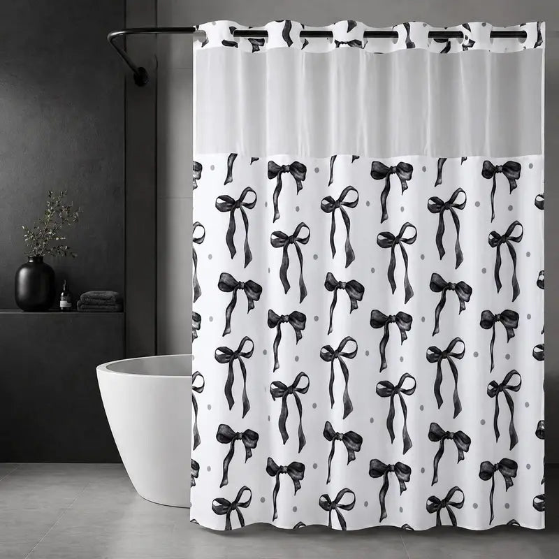 Pink Bowknot Polka Dot Shower Curtain, Sheer Mesh Top, Double Layer Hookless Bath Curtain, Sweet Style Bathroom Decor, 72 x 75 in Double-Layer