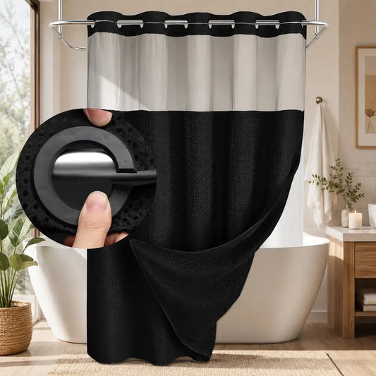 Double-layer waffle-pattern shower curtain — hookless snap-closure lining, waterproof inner layer and washable white outer layer; modern bathroom accessory suitable for home, hotel, salon, dormitory, and home decor; 72 x 75 inches sohochic