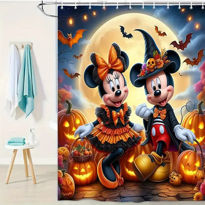 DISNEY CLASSIC Mickey & Minnie Cartoon Print Shower Curtain - Polyester Fabric Bathroom Shower Equipment, Bat Print Design with Bats, Pumpkins, Skulls, Hooks Included, Waterproof, Machine Washable Modern Bathroom Accessory, Cartoon Print Shower Curtains