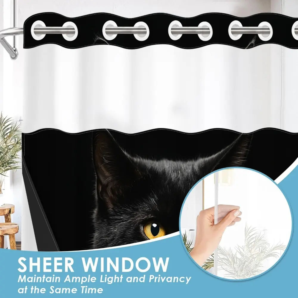 1pc hookless Printed shower curtain with buckle lining, black background with yellow eyes and black cat design, 2D flat printing, fabric waterproof lining, see-through double-layer shower curtain, 71 x 74 inches, modern home draping curtain.
