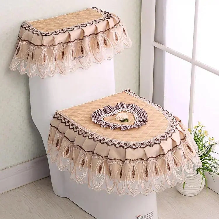 Elegant Solid 3-Piece Luxury Velvet Lace Toilet Accessories Set - Skirted Lace Trim, Commode Cushion, Water Tank Cover, Toilet Paper Holder Cover, Home Interior Decoration for Household Bathroom Upgrade, Toilet Accessories Cover, Bathroom Decor